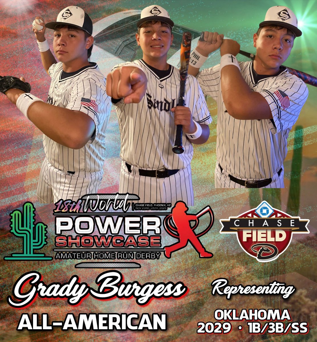 PowerShowcase's tweet photo. The 18th Annual World POWER SHOWCASE is pleased to announce that Student-Athlete & Top National power-hitting prospect - Grady Burgess - ‘29, 1B/3B/SS (Seminole H.S., Seminole, OK), will proudly represent Oklahoma in the renowned 15U Home Run Derby and during the prestigious Babe Ruth Classic All-American Game. The event is being held at beautiful Chase Field, in Phoenix - home to the Arizona Diamondbacks, from November 23rd through the 25th. Congratulations, Grady ~ You are a POWER SHOWCASE All-American. Stay tuned to see who’s next! #powershowcase #arizona #bombsaway #chasefield #desertdingers⚾️ ⚾️