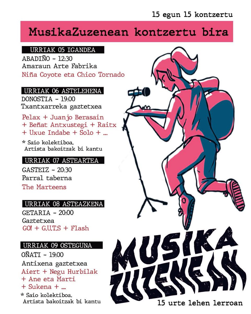 -𝙺𝚘𝚗𝚝𝚣𝚎𝚛𝚝𝚞𝚊-
Musika zuzeneanek antolatutako biran barruan Aiert, Negu Hurbilak, Ane eta Marti eta Sukena taldiak izango dittugu bixar, 19:00etan hasitta!