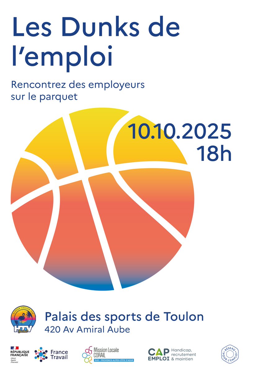 📅 Rdv vendredi de 18h00 à 19h30 au Palais des Sports de Toulon avec le Réseau pour l’Emploi et le <a href="/BasketHtv/">HTV Basket</a> pour rencontrer des recruteurs et décrocher votre prochain job ! 💼

👉 Un moyen innovant et différent d’aller à la rencontre des employeurs.

⚠️ Inscription obligatoire.