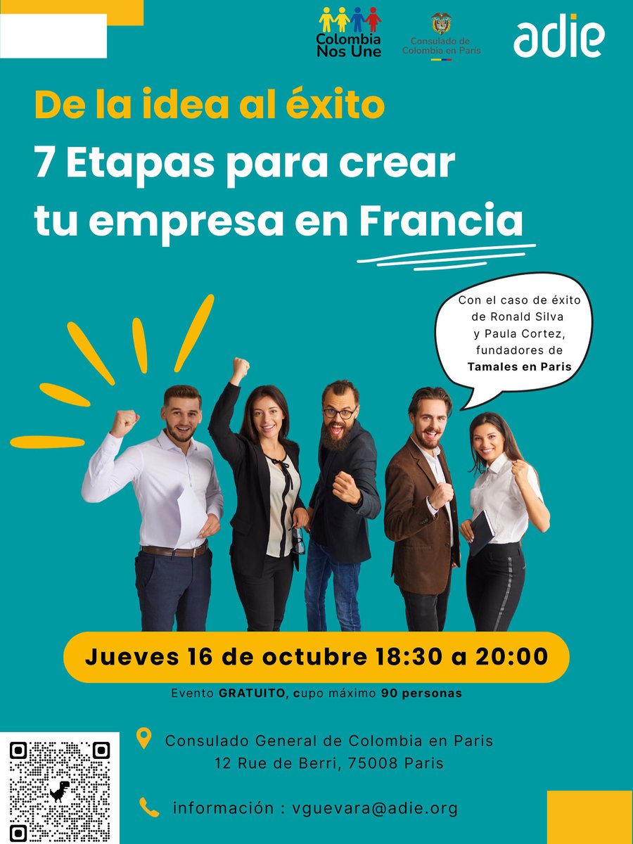 Cree su empresa en Francia 🇫🇷: Evento “7 etapas para crear tu empresa en Francia”.

📅 Fecha: jueves 16 de octubre
🕕 Hora: 18h30 – 20h00
📍 Lugar: 12 rue de Berri, 75008 París – tercer piso

🎟️inscripción: urlr.me/6jX8dZ

✅ evento gratuito