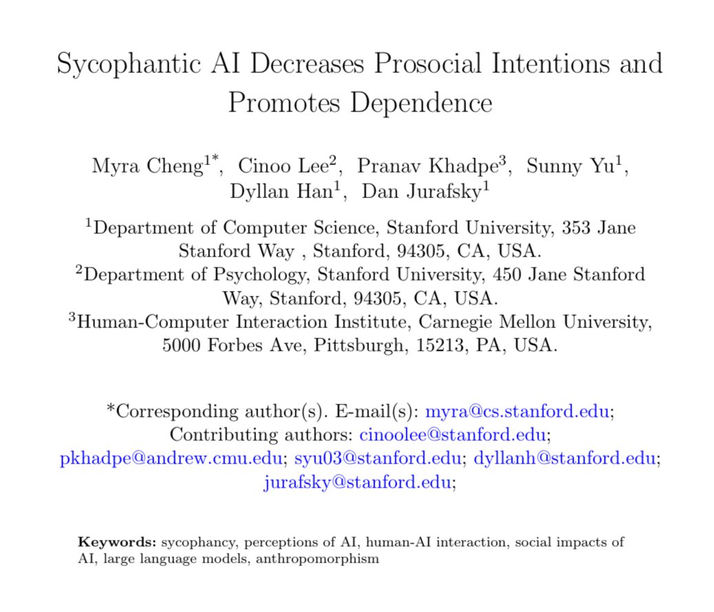 camrobjones's tweet image. “we find that interaction with sycophantic AI models significantly reduced participants’ willingness to take actions to repair interpersonal conflict, while increasing their conviction of being in the right.”

Great work from @chengmyra1 and @stanfordnlp