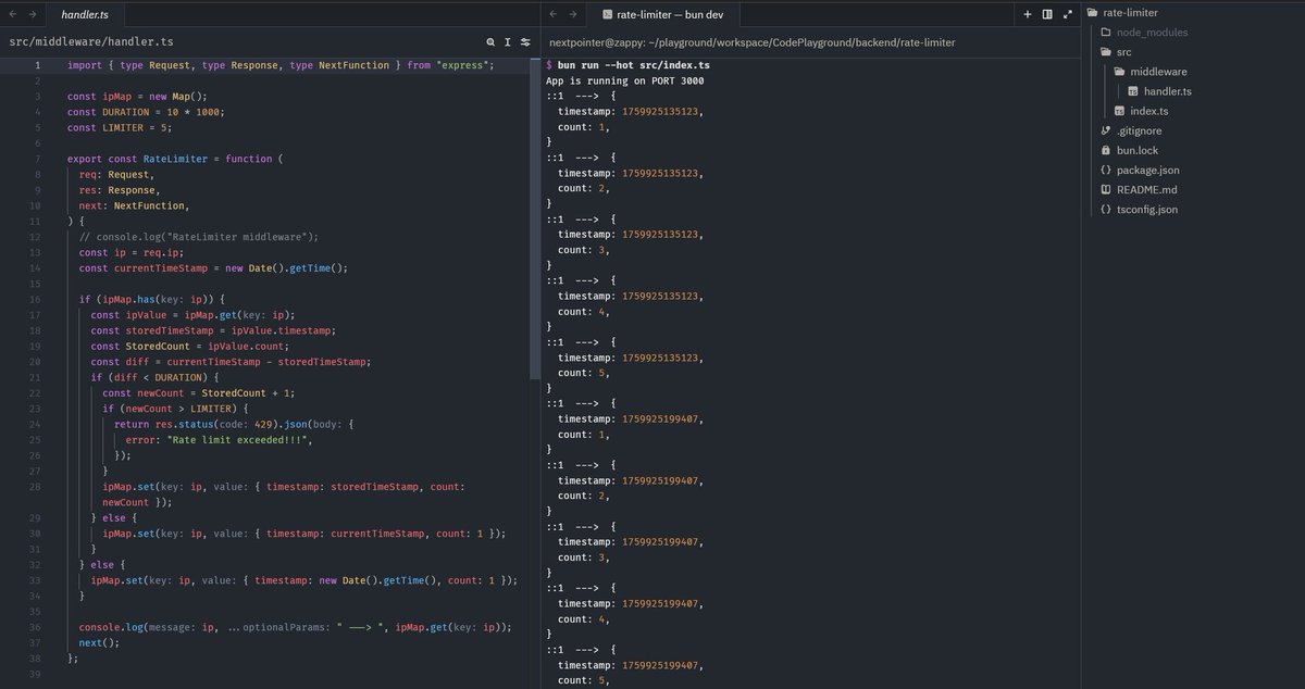 building a rate-limiter from scratch.....
progress -> 40%, now finding alll the edge cases :{

#buildmyownx #programming #express