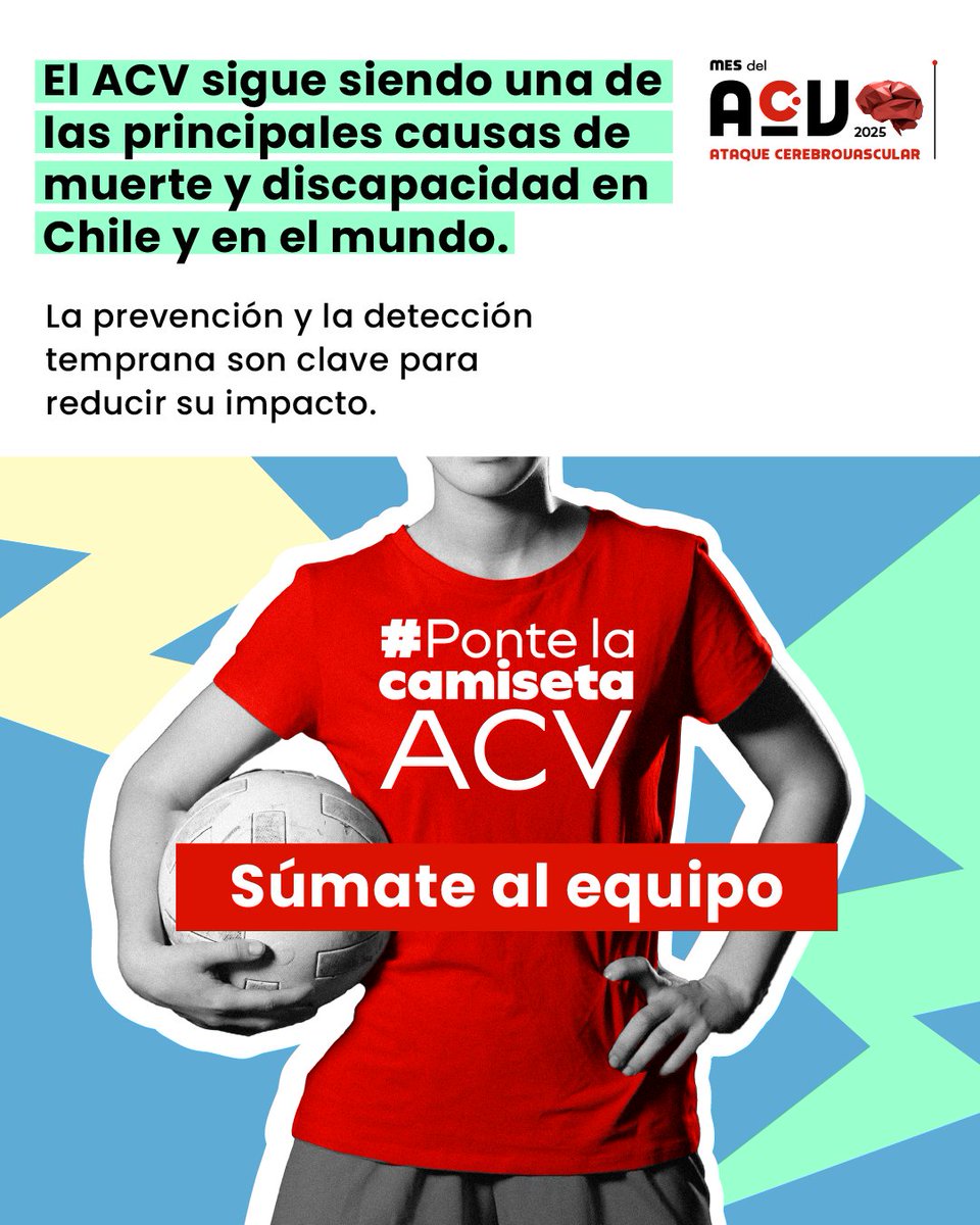 🧠 El Ataque Cerebrovascular (ACV) puede ocurrir en cualquier momento y cada minuto cuenta.
👉 En Chile, cerca de 40.000 personas al año sufren un ACV. Reconocer los síntomas y actuar rápido salva vidas.
🤝 Súmate y #PonteLaCamisetaACV
Infórmate, comparte y #NoLeDesTiempoExtra