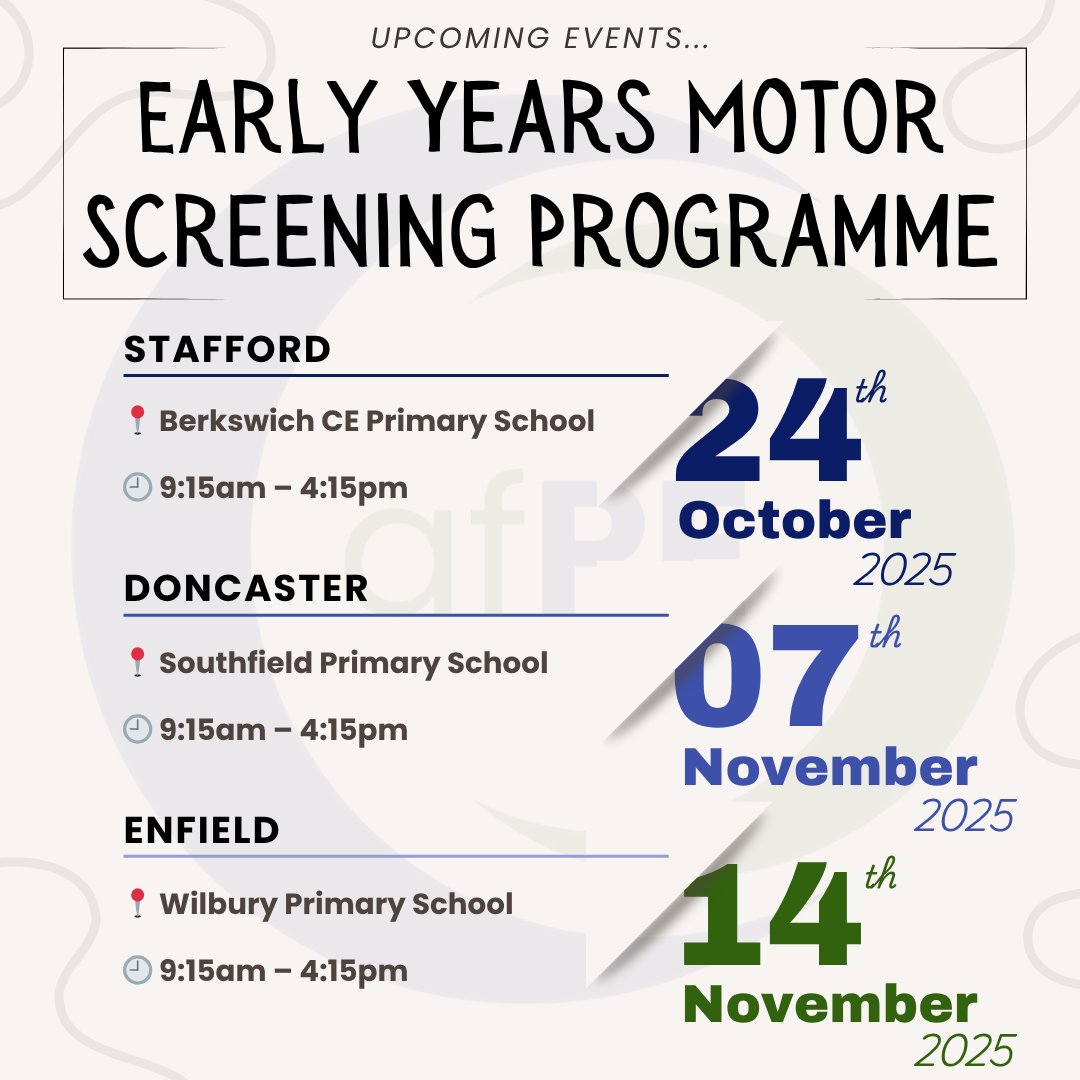 🚀 We’re bringing the programme to you!

The Early Years Motor Screening Programme is coming to Stafford, Doncaster, and Enfield this autumn 🍂

💡 A must for Early Years practitioners looking to enhance their motor development screening skills.

📅 Save the date &amp; register now!