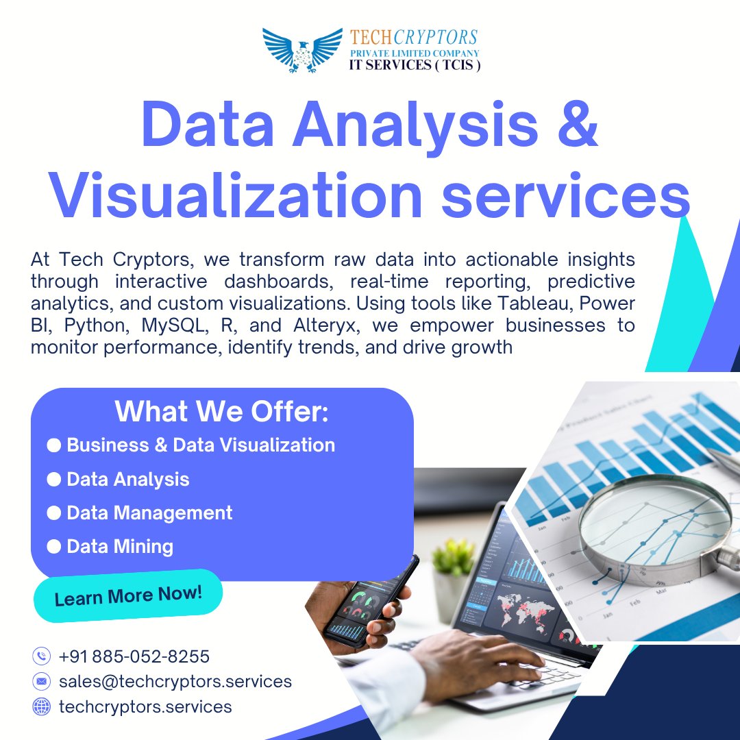 TechCryptors's tweet image. Turn your data into meaningful decisions with Tech Cryptors📊
📞wa.me/918850528255
📩sales@techcryptors.services
🌐techcryptors.services
#DataAnalysis #DataVisualization #PowerBI #ITServices #ITCompany #AIServices #TCIS #TechCryptorsItServices #TechCryptorsPrivateLimited