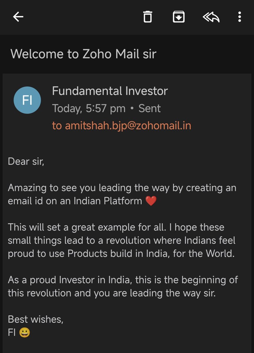 FI_InvestIndia's tweet image. My first ZohoMail to Honourable Minister @AmitShah ji 🙏🙏🙏

Welcome to the Indian Revolution...

#FI