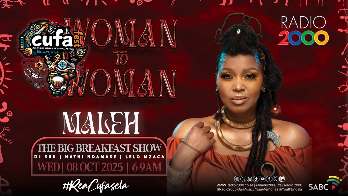 Radio2000_ZA's tweet image. We hosted Maleh this morning on #TheBigBreakfast talking all things 🌟 #CUFAFest25!

Catch her live this Friday at the #Woman2Woman event, a night of power, connection &amp;amp; celebration!

📍Old Grey’s, BFN
🎟️ Computicket
🔗 computicket.com/event/list?siz…...
#Reacufasela #RED @Maleh_Music