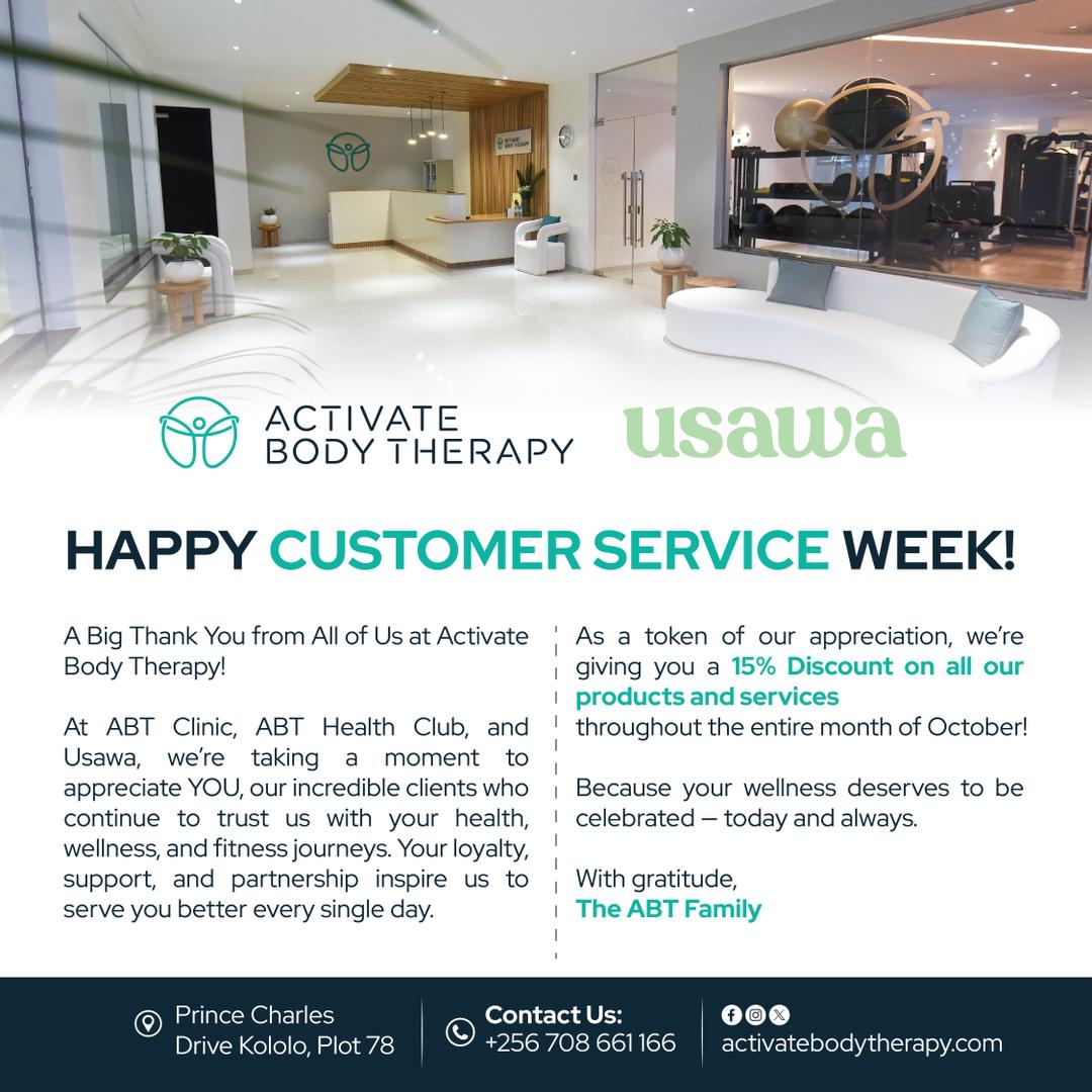 BodyActivate's tweet image. 💚 It’s #CustomerServiceWeek!
We’re celebrating YOU — our amazing ABT clients. 
Enjoy 15% off all #ABTClinic, #ABTHealthClub &amp;amp; #Usawa services this October 

Because your wellness deserves to be celebrated! 

#ThankYouClients #ABTWellness #HolisticCare #WellnessJourney