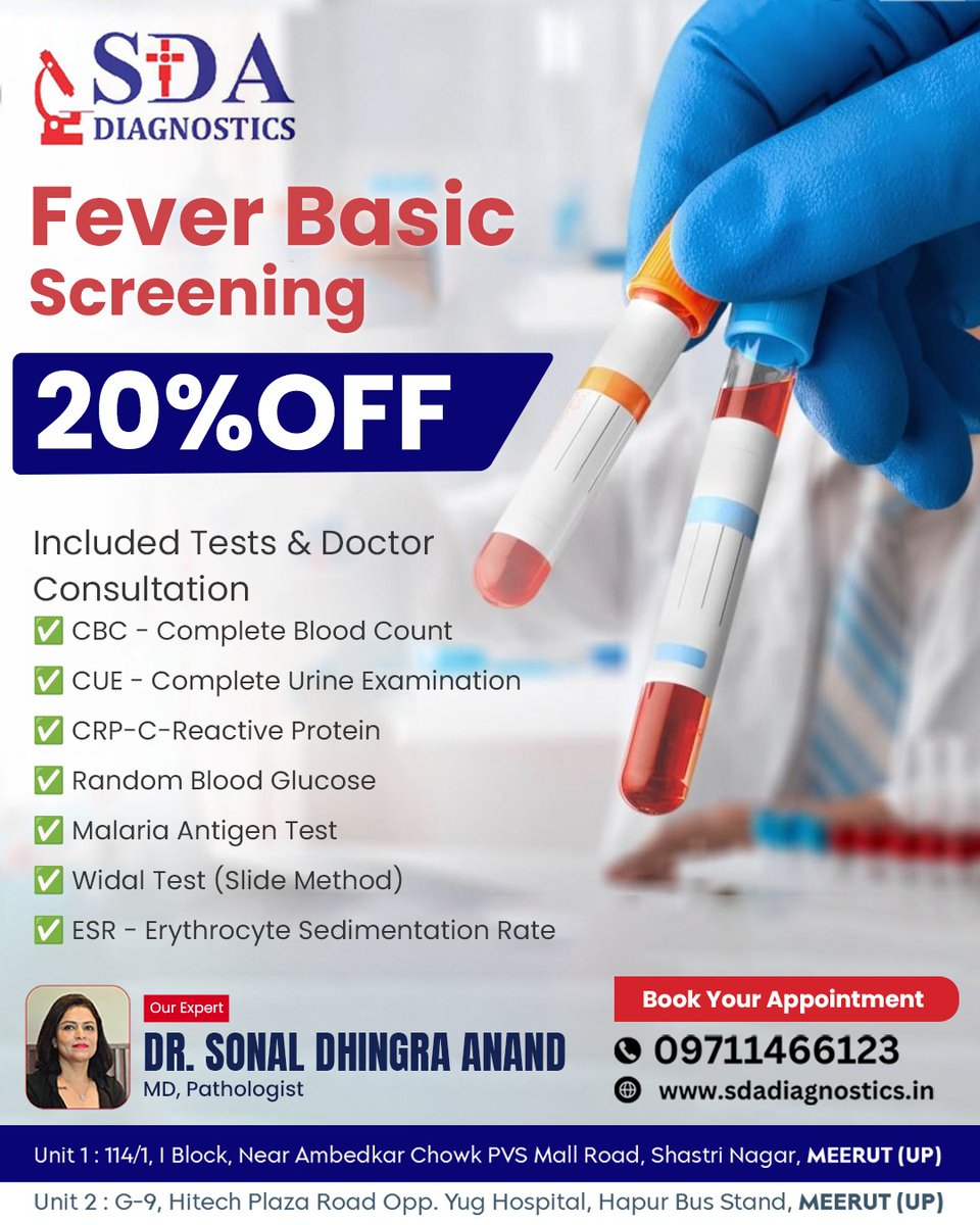sda_diagnostic's tweet image. Stay on top of your health! 🌡️ Get a Fever Basic Screening at 𝟐𝟎% 𝐎𝐅𝐅 𝐢𝐧𝐜𝐥𝐮𝐝𝐢𝐧𝐠 𝐞𝐬𝐬𝐞𝐧𝐭𝐢𝐚𝐥 𝐭𝐞𝐬𝐭𝐬 𝐚𝐧𝐝 𝐝𝐨𝐜𝐭𝐨𝐫 𝐜𝐨𝐧𝐬𝐮𝐥𝐭𝐚𝐭𝐢𝐨𝐧.

#FeverScreening #HealthCheckup #BloodTests #UrineTest #CRPTest #GlucoseTest #MalariaTest #WidalTest