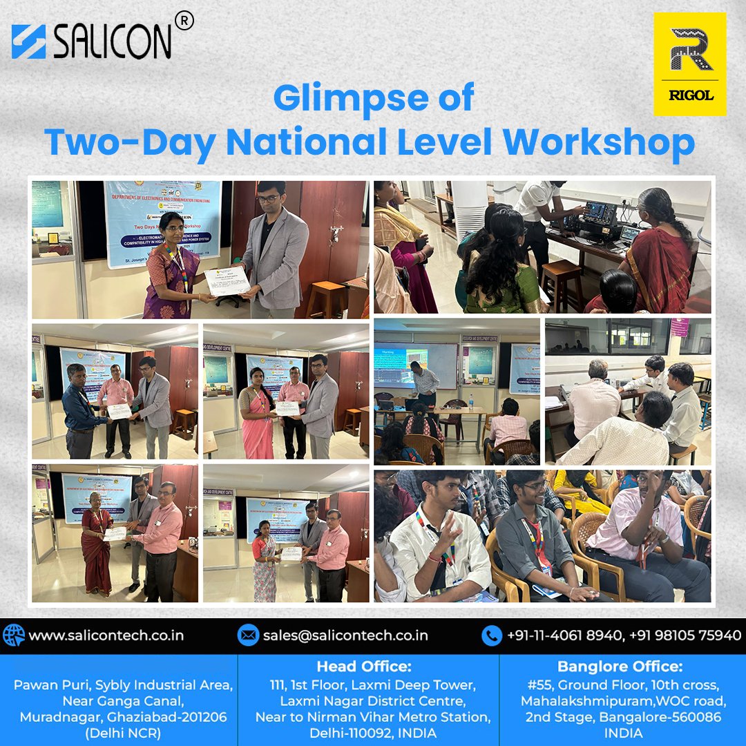 salicontech's tweet photo. 🌟 A glimpse of the Two-Day National Level Workshop on Electromagnetic Interference &amp; Compatibility in High-Frequency &amp; Power Systems hosted by St. Joseph’s Department of ECE in association with RIGOL(@rigolindia)  Technologies India Pvt. Ltd. and industry partners Salicon Tech. https://t.co/tLkcGpgnY6