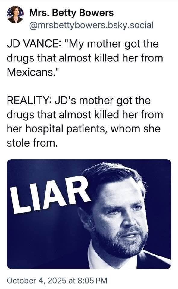 Vance was raised by a drug-addicted mother who stole meds from patients. It is so incredibly appropriate that he should end up as Trump's First Servant. #DemsUnited