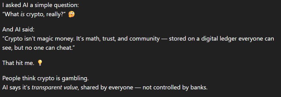 christi_lowman's tweet image. “What is Crypto Really?”
(AI’s First Lesson — simplified for humans 🤣)
#AITeachesCrypto #CryptoBasics #AIExplains #Bitcoin #Aster #CryptoCommunity #Blockchain