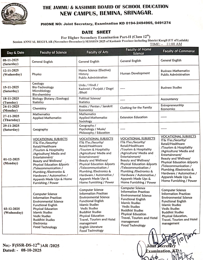 GulistanNewsTV's tweet photo. JKBOSE Releases Class 12th Date Sheet for Kashmir Division and Kargil (Annual Regular Session 2025); Exams to Begin from November 8.

#JKBOSE #12thClass #Datesheet #Kashmir #Kargil #JammuAndKashmir https://t.co/JOM9K0xXNd