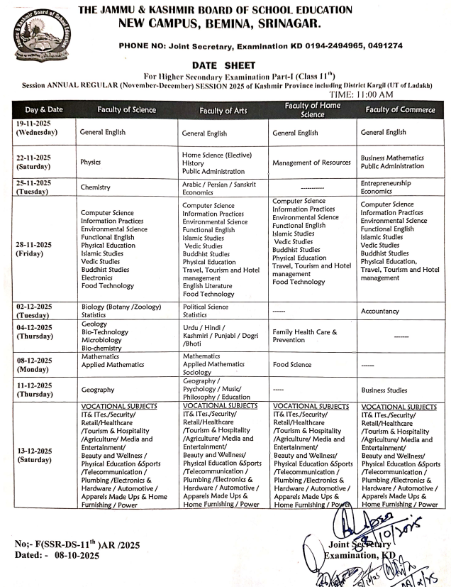 GulistanNewsTV's tweet photo. JKBOSE Releases Class 12th Date Sheet for Kashmir Division and Kargil (Annual Regular Session 2025); Exams to Begin from November 8.

#JKBOSE #12thClass #Datesheet #Kashmir #Kargil #JammuAndKashmir https://t.co/JOM9K0xXNd