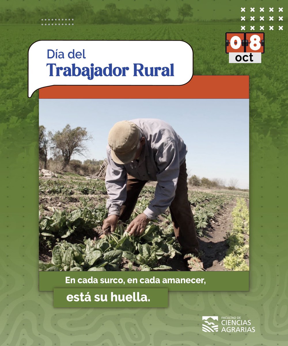 📆 El 8 de octubre se celebra el Día del Trabajador Rural en toda la Argentina. Desde la Facultad de Ciencias Agrarias saludamos a nuestro personal de campo, orgullo de nuestra institución, reconociendo su gran dedicación y constancia en esta noble labor. 🙌

(+)