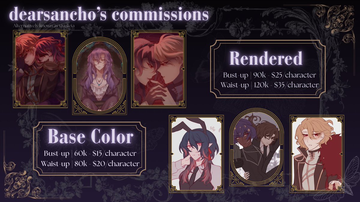 「 dearsancho’s cmsns ˖᯽ ݁˖」

࣪Hello I’m opening art cmsns for locals and International! If you’re interested or have any questions, feel free to DM me! Thank you 𓂃 ࣪˖ ִֶָ𐀔

࣪ ִֶָ☾. More on thread!

⟡ Read more here
↳ vivelleiarts.carrd.co