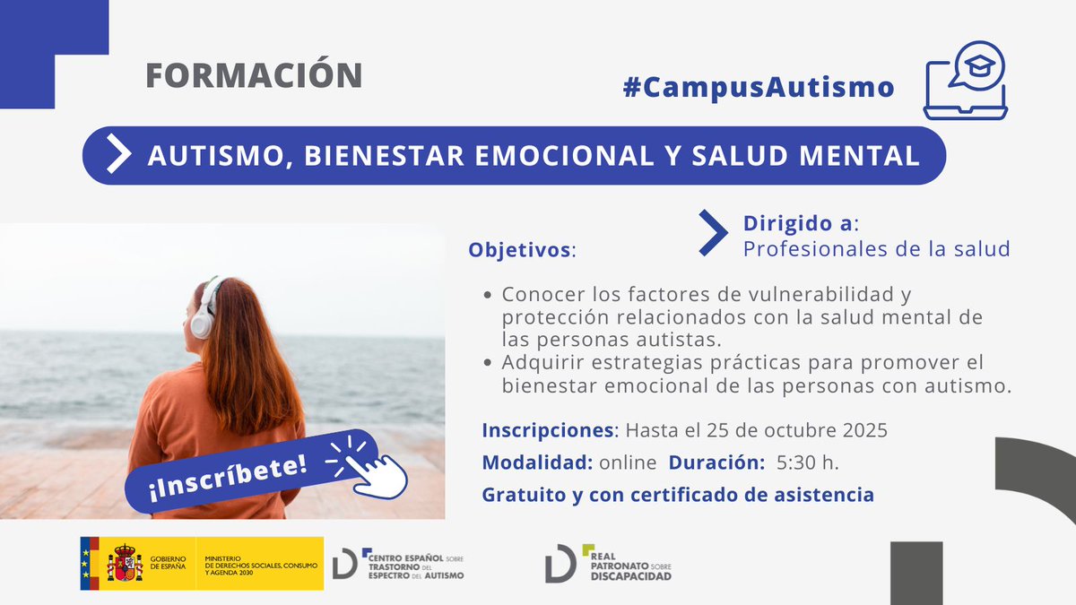 #Formación

⁉️ ¿Eres profesional de la #Salud y quieres promover el bienestar emocional de las personas con #Autismo?

Inscríbete a nuestra formación sobre #SaludMental en #CampusAutismo:

👇🗓️ Hasta el 25 de octubre
formacioncampusautismo.es/cursos/autismo…

#DiaMundialSaludMental