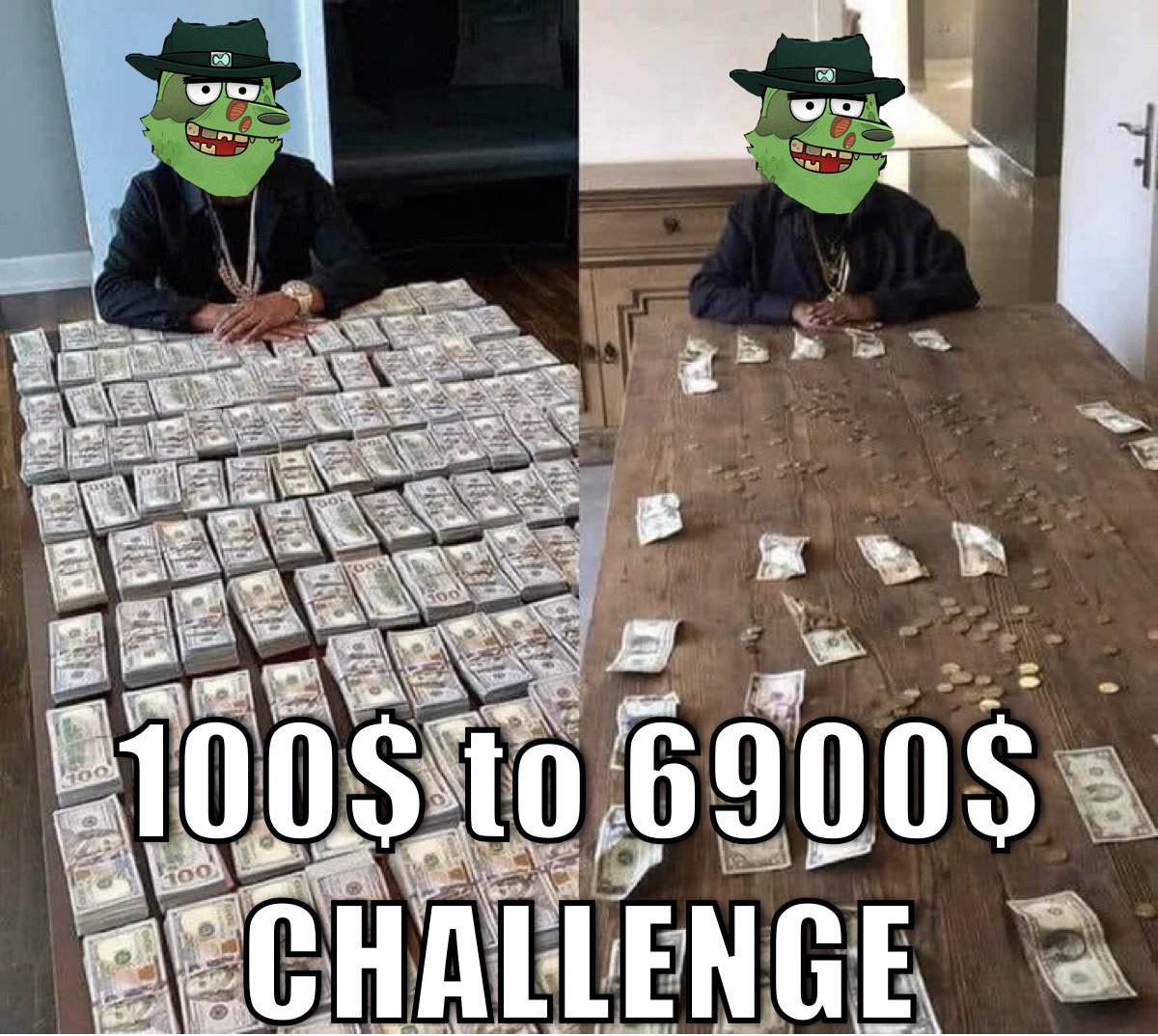 100$ to 6900$ CHALLENGE

watch me get rekt or make it

rules:
- will be using only <a href="/rekt_gang/">Rekt Gang</a> alpha calls
- no leverage trading greater than 3x
- all chains are fair game
- 100$ starting on eth mainnet as eth, gas fees have to be accounted for

**NFA, don't know shit about fuck,