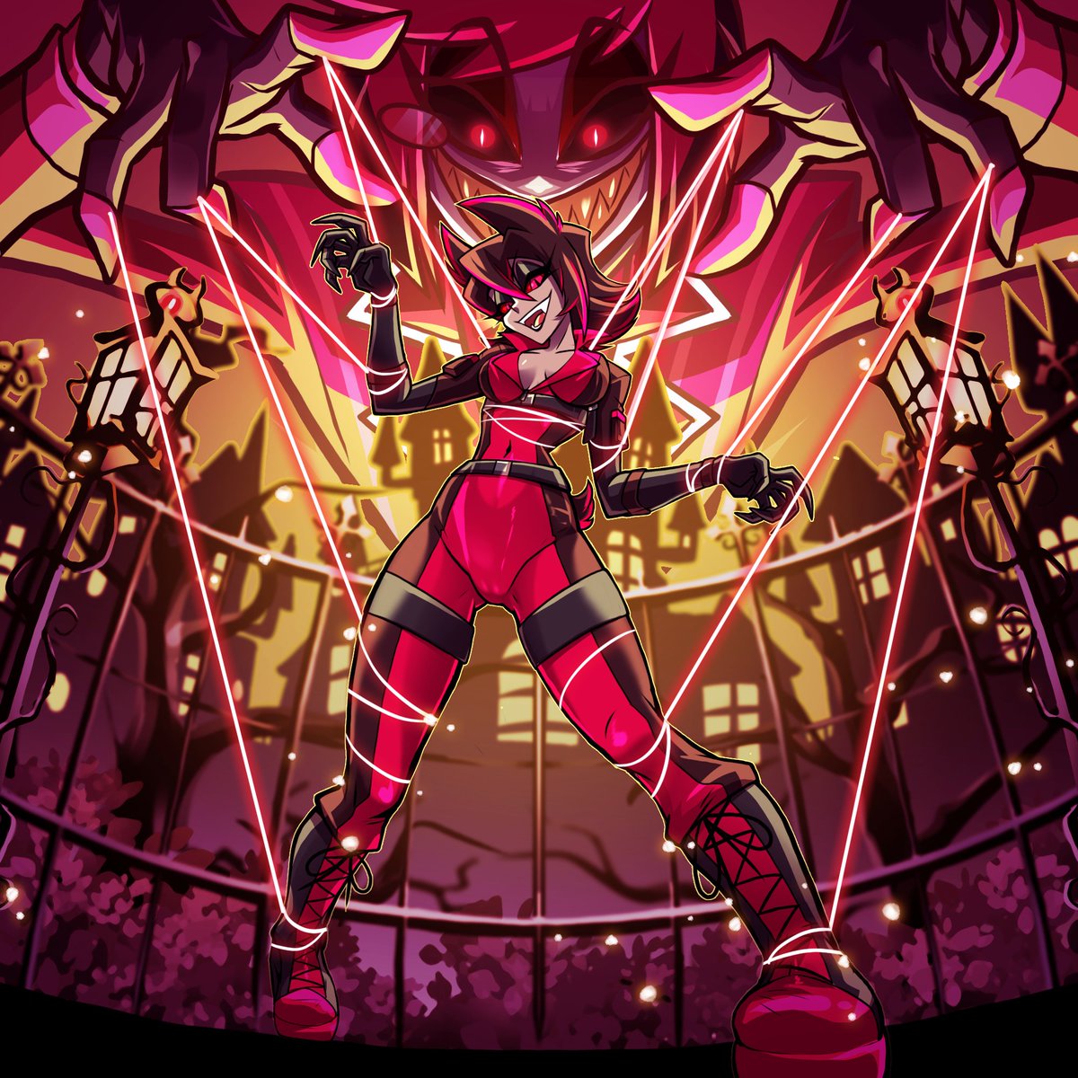 Our first Halloween victim in Alastor's clutches 🔥
The Radio Demon claims another soul - and she’s loving every second of it. 😈

Caught in Alastor's threads, Gabby doesn't fight - she performs.

OC from <a href="/GabbyGabs1988/">Gabby B</a> 
#HazbinHotel #HazbinHotelFanart