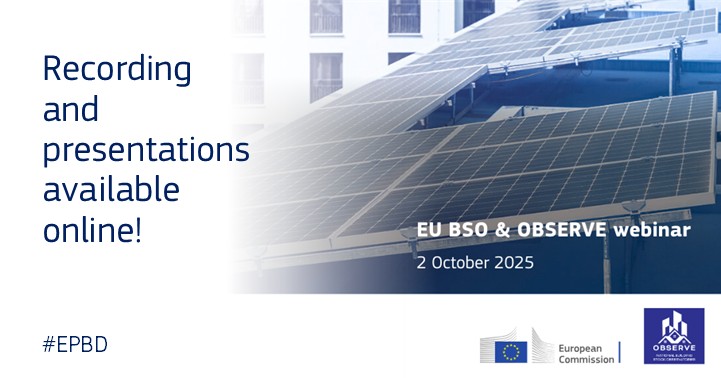 If last week, on 2 October, you missed the #EUBSO and <a href="/OBSERVE_EU/">OBSERVE</a> webinar

"The #EPBD in practice – The role of building performance data for Member States"

you are welcome to watch the recording and consult the presentations, all available here ⬇️

🔗 link.europa.eu/T8FT6Y