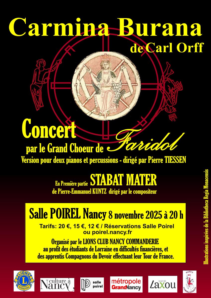 Le 08/11/25 à 20h, le Lions Club Nancy Commanderie  et la chorale Faridol proposent un concert "Carmina Burana" salle Poirel, Nancy. Une partie des recettes sera reversée à la fondation en soutien aux étudiant.e.s.
🎟️Inscriptions salle Poirel ou en ligne : urlr.me/!carmina-burana