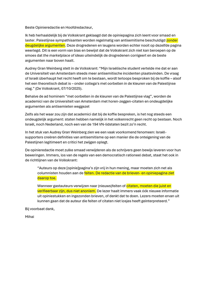 Zo, ik heb de Volkskrant gemaild over smaad op hun opiniepagina.