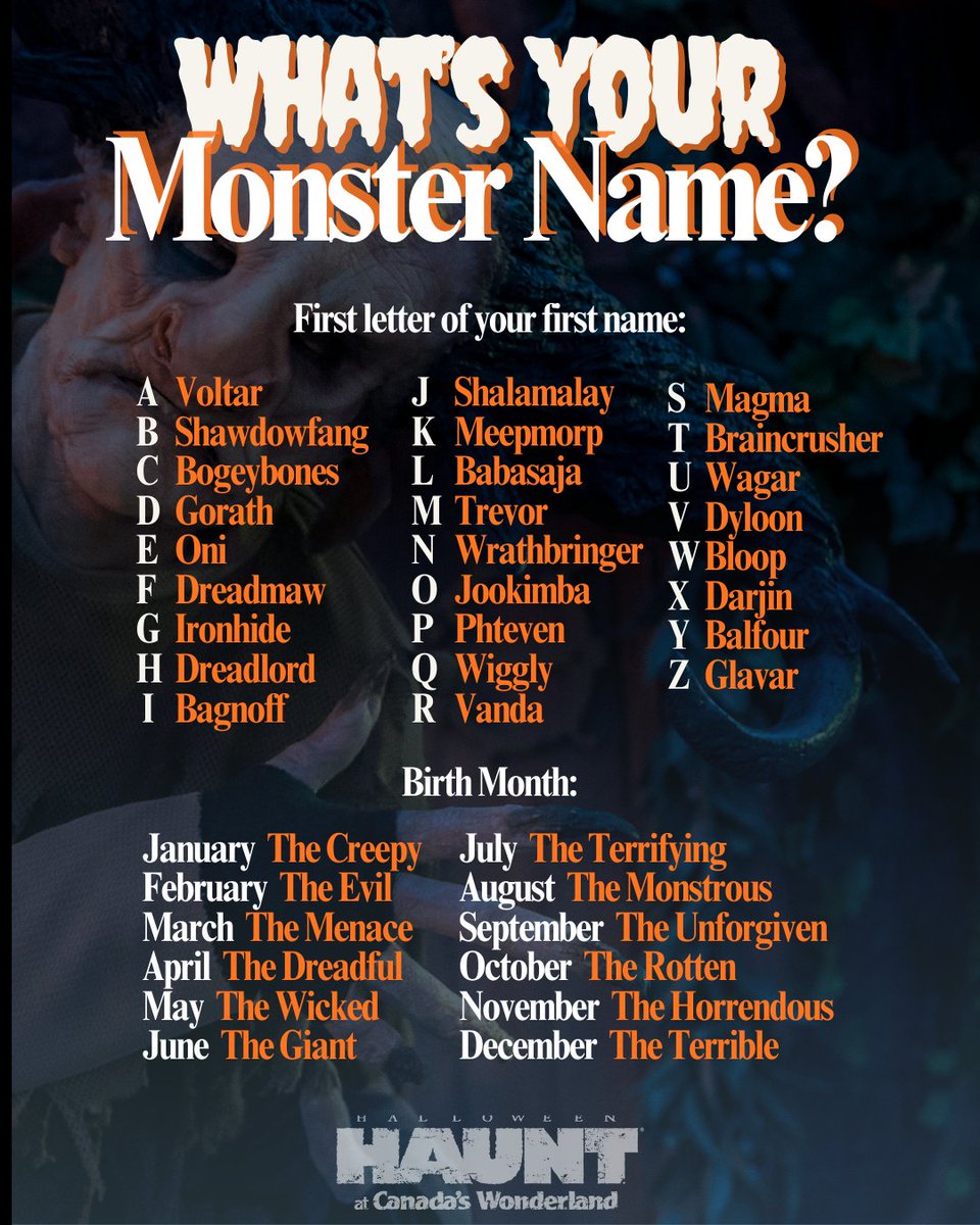 WonderlandNews's tweet image. The monsters of #HalloweenHaunt are already roaming the park… what better time to find out your terrifying alter ego? 🕸️💀 Use the first letter of your first name + your birth month from the chart and drop it in the comments below. ⬇️

#TorontoHalloween #TorontoThingsToDo