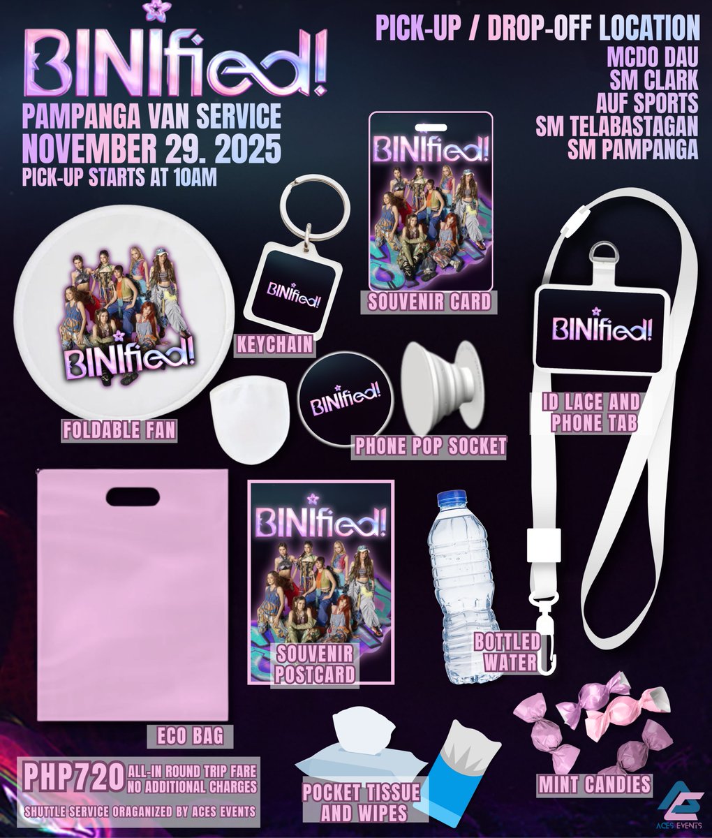 aces_event's tweet photo. Headed to the BINIfied Concert? We got you! Van Shuttle service from Pampanga to the PH Arena ✨

We need 10 slots to push through! Reply or dm us for reservation.
Reg form will be posted if all slots are taken 💜

T. Bini carpool ph dau clark angeles san fernando smp smc smt https://t.co/AkYSRm2kng