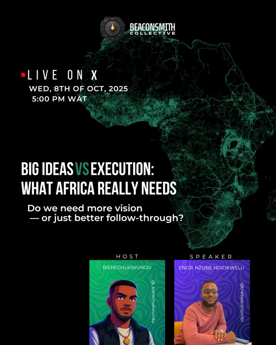 🧠 This Week's Space

Big Ideas vs. Execution: What Africa Really Needs

Do we need more vision — or just better follow-through?

Join us on Today, Wednesday | 5PM.

As we break down Africa's biggest and deepest needs. Real talt, not hype.

🔔 🔔
x.com/i/spaces/1vOxw…