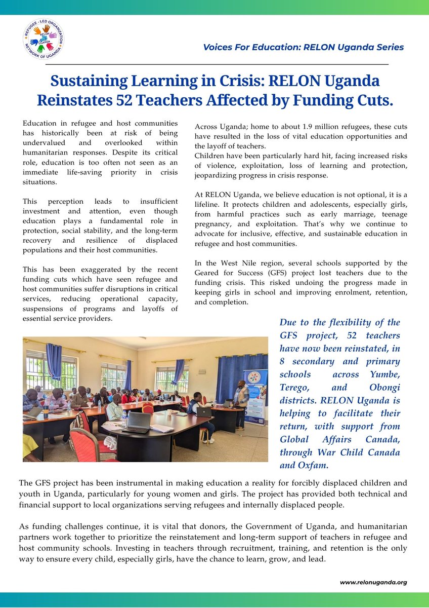 RELON Uganda reinstates 52 Teachers; a vital step toward restoring dignity, inclusion and quality Education in the refugee and host communities.

Look out for more of our contribution to #Education

#EducationForAll | #RefugeeEducationMatters |
#KeepGirlsInSchool