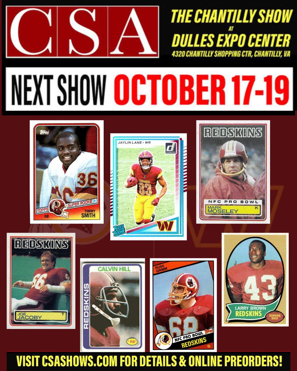 CSASHOWS's tweet photo. π₯ Commanders Legends β€οΈππ Russ Grimm, Joe Jacoby, Larry Brown, Mark Moseley, Calvin Hill, Timmy Smith & Jaylin Lane are coming to the CSA Chantilly Show β Oct 17β19!
Meet Other Greats like Gronk, Rodman & more! π https://t.co/BvUZq2TZOZ
#HTTC #CSAShows #NFLLegends https://t.co/yuqxLycwYe