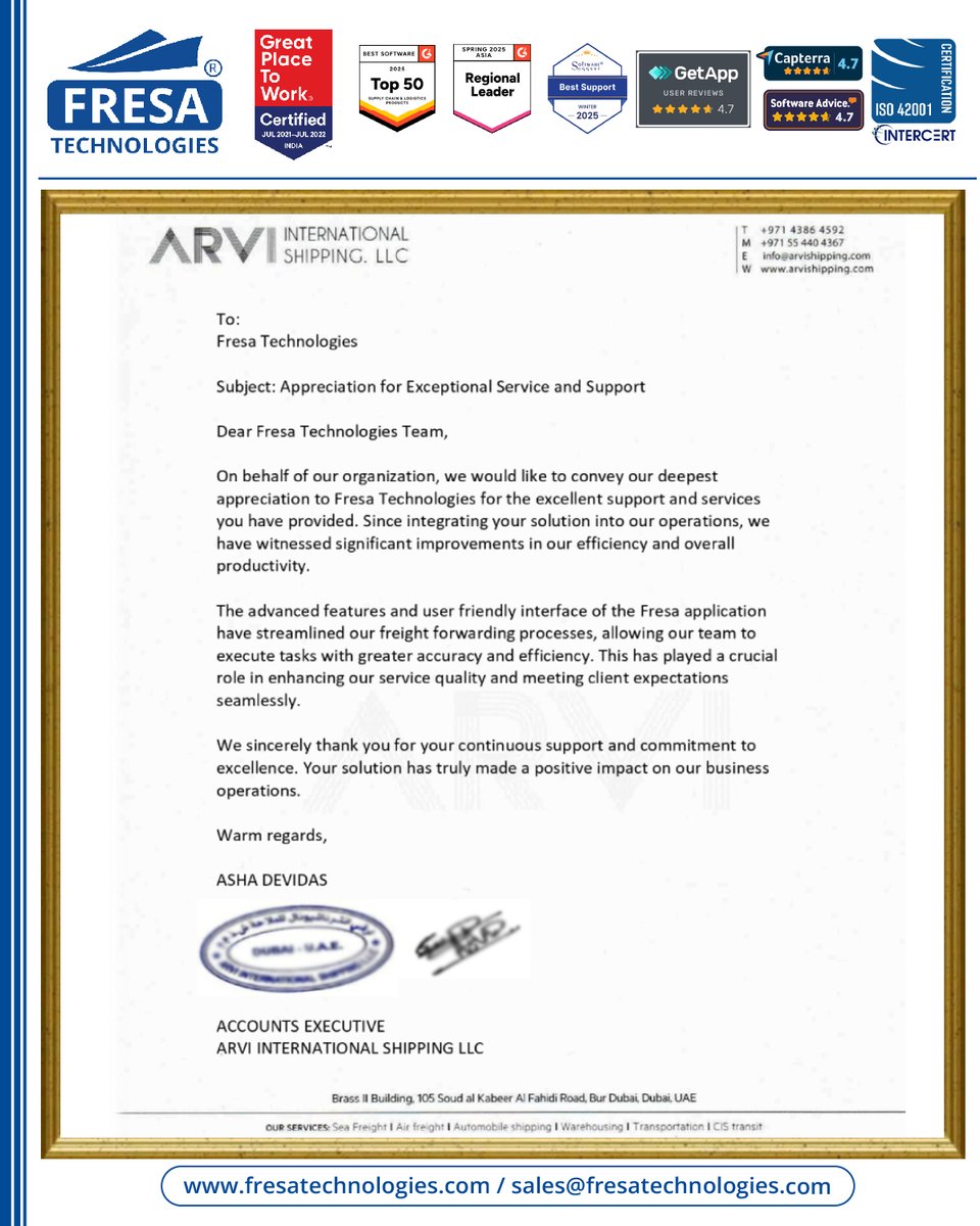 fresatechnology's tweet image. We are deeply grateful to ARVI INTERNATIONAL SHIPPING LLC  for their kind appreciation letter.

For more queries please visit below link fresatechnologies.com/clients-feedba…

#FresaTechnologies #FreightSolutions #FreightForwarding #CustomerSatisfaction #ClientAppreciation #arviinternational