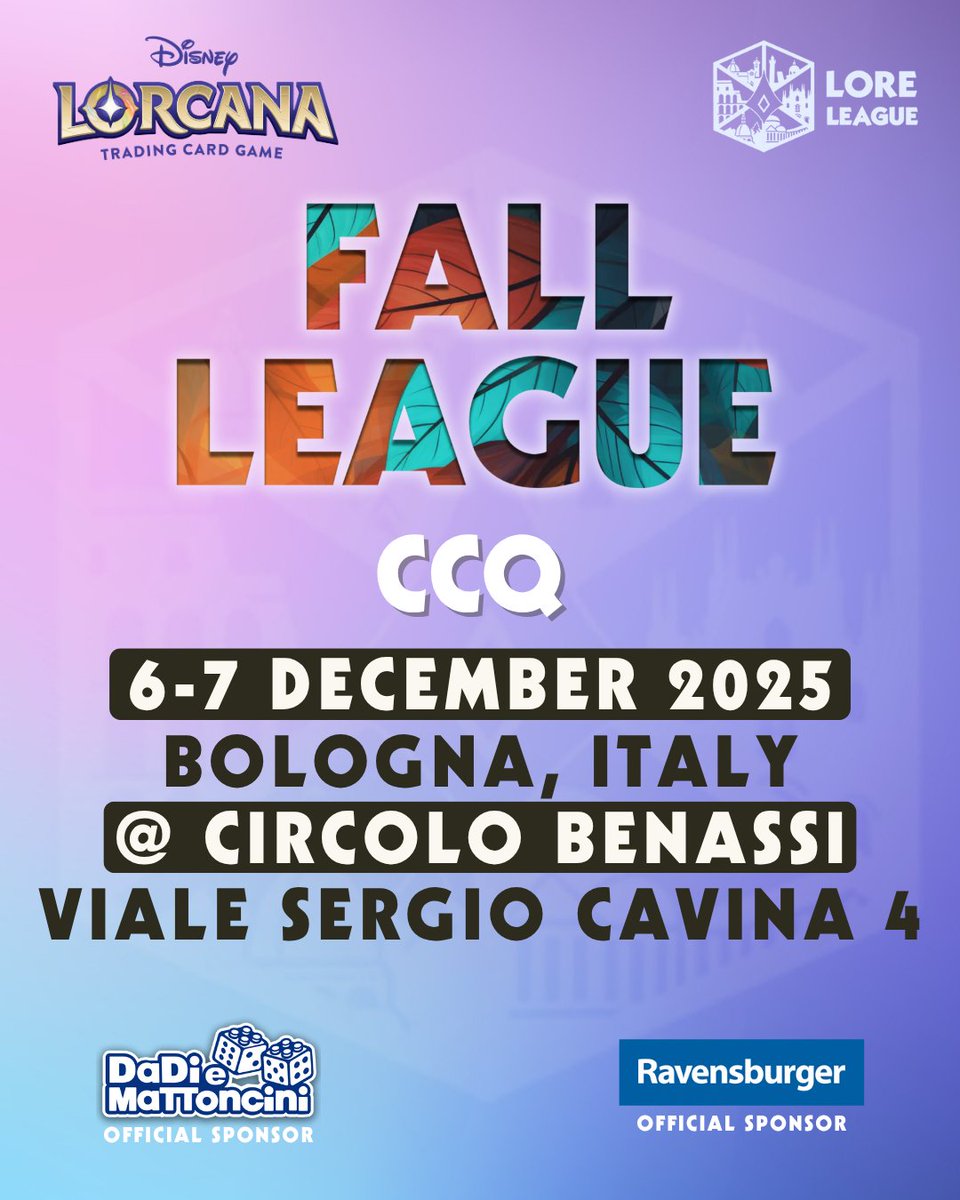 LoreLeagueX's tweet photo. 𝙁𝙖𝙡𝙡 𝙇𝙚𝙖𝙜𝙪𝙚 𝘾𝘾𝙌 ᵇʸ ᴸᵒʳᵉᴸᵉᵃᵍᵘᵉ [🧵1/5]
6 - 7 December 2025 - Bologna @ Circolo Arci Benassi
Registrations open 15th October 20:00 CEST
Main event info &amp; prizes - side events &amp; more below ⏬ https://t.co/fFLlamKCoQ