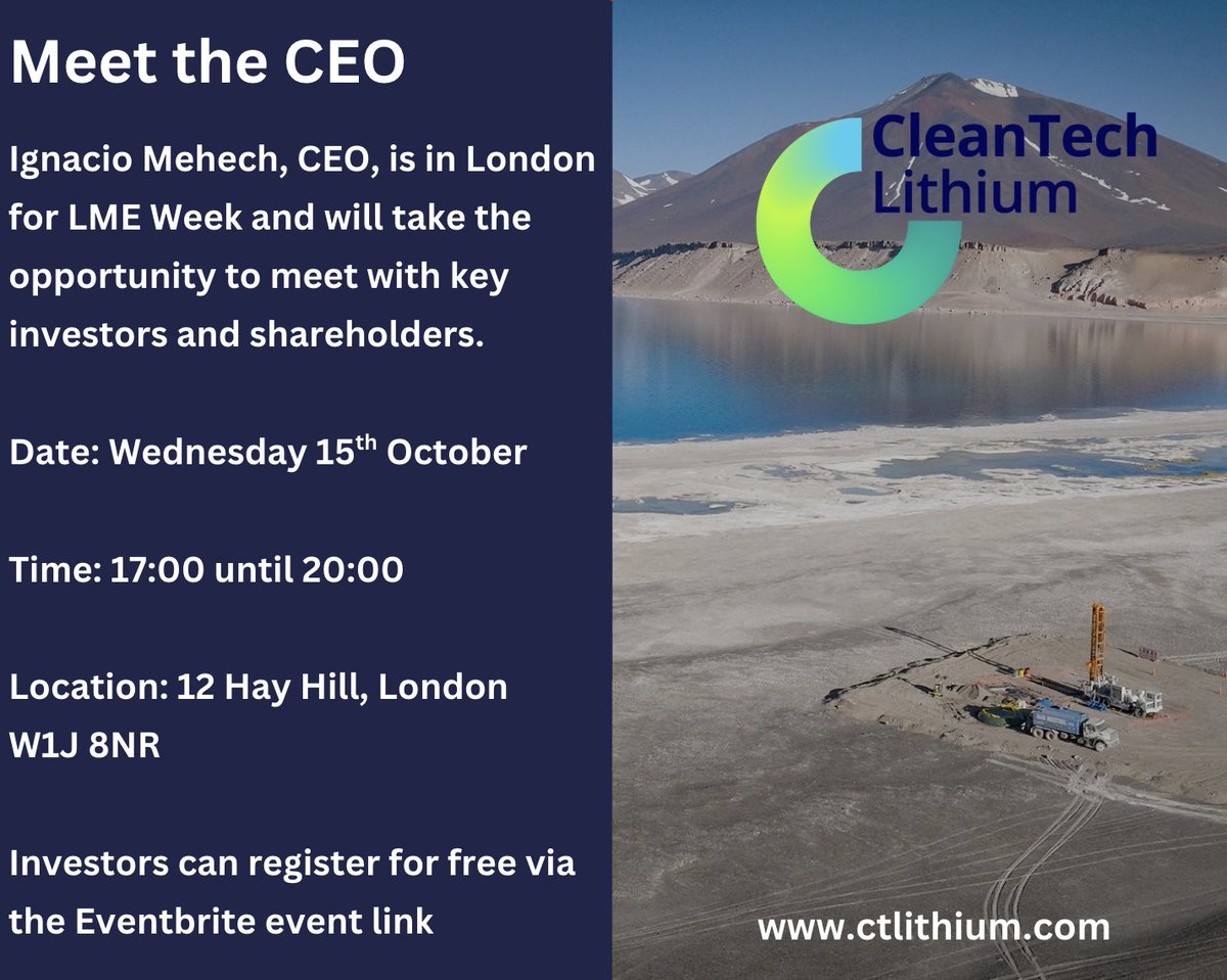 ctlithium's tweet image. We are holding a meet and greet session during #LMEWeek. Interested and existing investors can hear from new CEO in London on Wed 15th Oct.

Please join us to discuss the latest company updates and exciting lithium projects from #Chile. 

Register here: 
shorturl.at/UzAfw