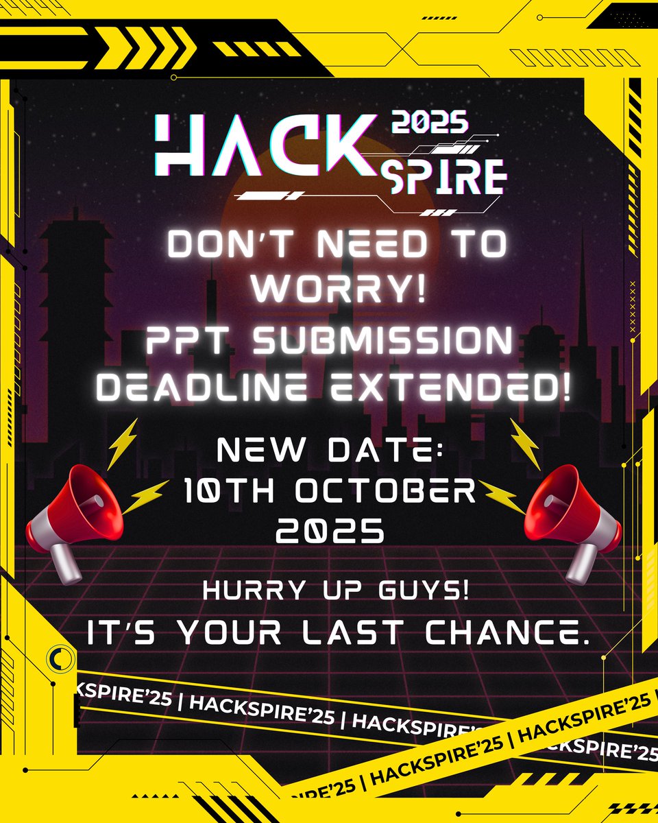 acmfiem's tweet image. We hear you 🗣️
Yes, the PPT submission deadline for HackSpire'25 has been extended! The FIEM ACM Students' Chapter listens 
🗓️ New Deadline: October 10, 2025
👉 Apply: hackspire.tech
📤 Submit: hackspire.tech/submit-ppt
Hurry up! 🏃🏻♀️
#FIEMACMStudentsChapter #HackSpire