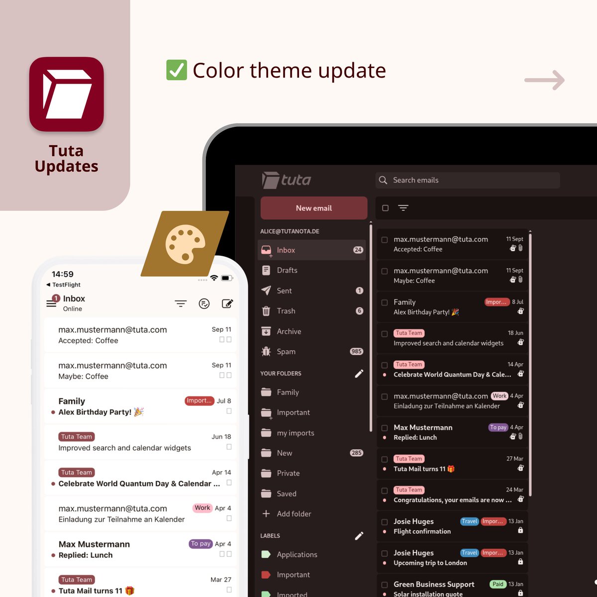TutaPrivacy's tweet image. Did you notice Tuta's new colors? We've already heard great feedback, particularly about the blue dark theme. 💙 What are your thoughts about this update?!
✨ New color themes
✨ Apply dark mode to emails even if they contain colors
✨ Auto-save drafts
The last one is not…