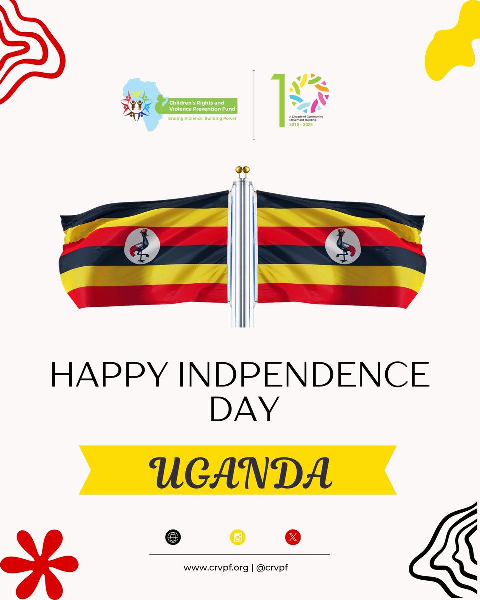 Happy Independence Day, #Uganda!

As we celebrate our nation’s journey of freedom and unity, <a href="/CRVPF1/">Children's Rights and Violence Prevention Fund</a>  renews our commitment to ensuring that children and young people are safe from violence and sexual violence in the places where they live, learn, play, and work. 

#crvpf