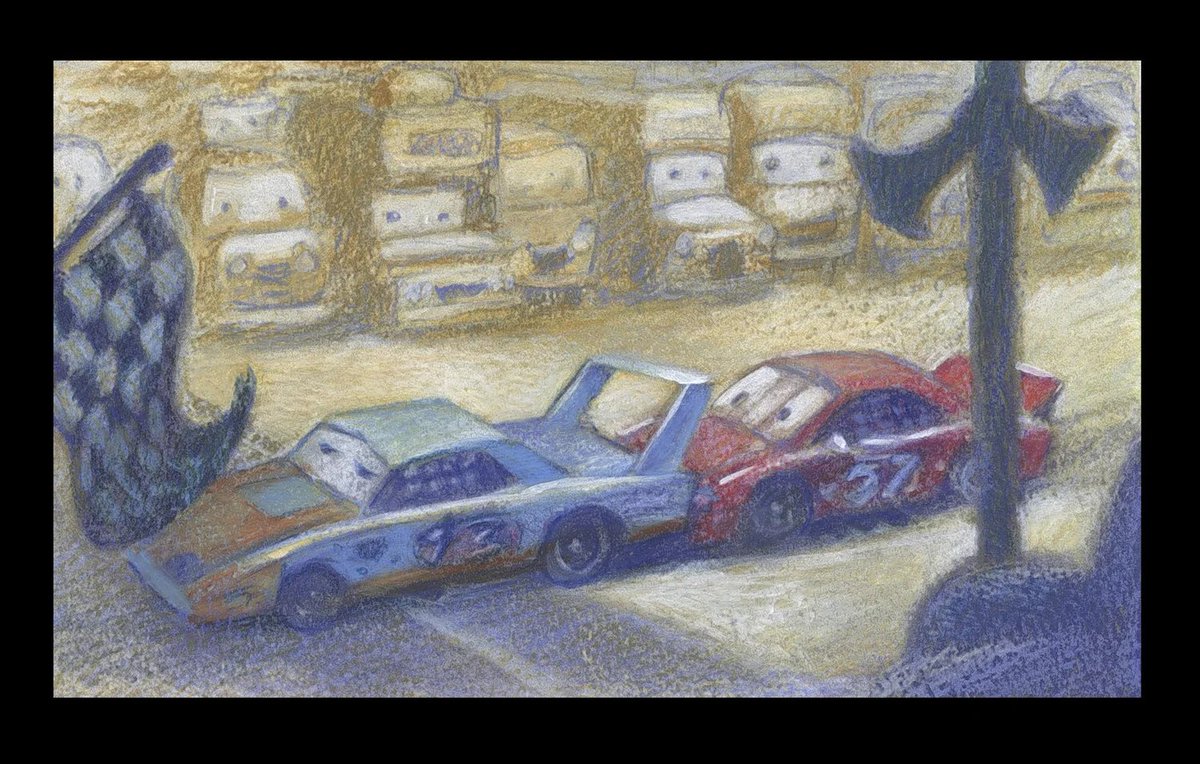 Kerchoo95's tweet image. Early #Cars (2006) concept art by #Pixar VisDev specialist #BuckLewis. This version of the film appears to include early story elements like #Sally being a Ford Mustang, as well as #LightningMcQueen traversing through a car graveyard.