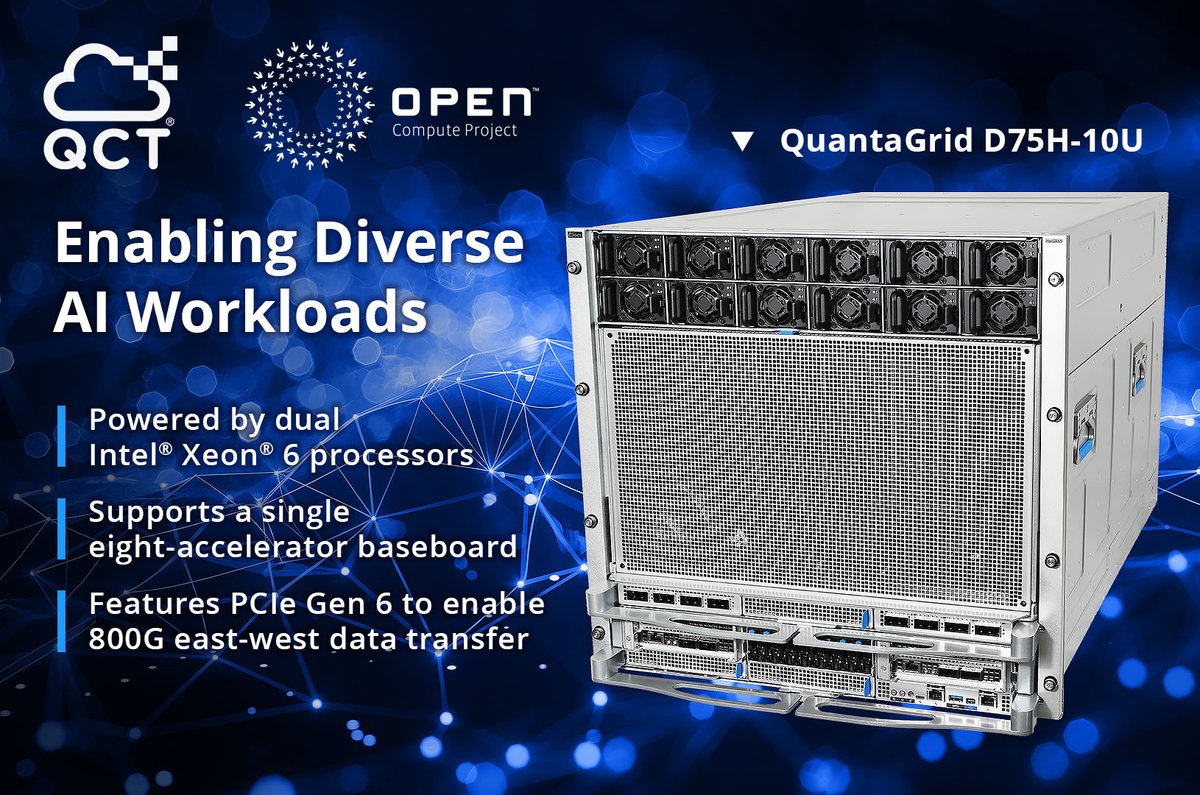 QuantaQCT's tweet photo. Meet #QuantaGrid D75H-10U, an air-cooled powerhouse equipped with 8x NVIDIA Blackwell Ultra GPUs to accelerate large-scale #AI training and high-throughput inference workloads. For more details visit @QuantaQCT at #OCPSummit25! #ScalableAI #AIFactory https://t.co/TbNG21ArbS
