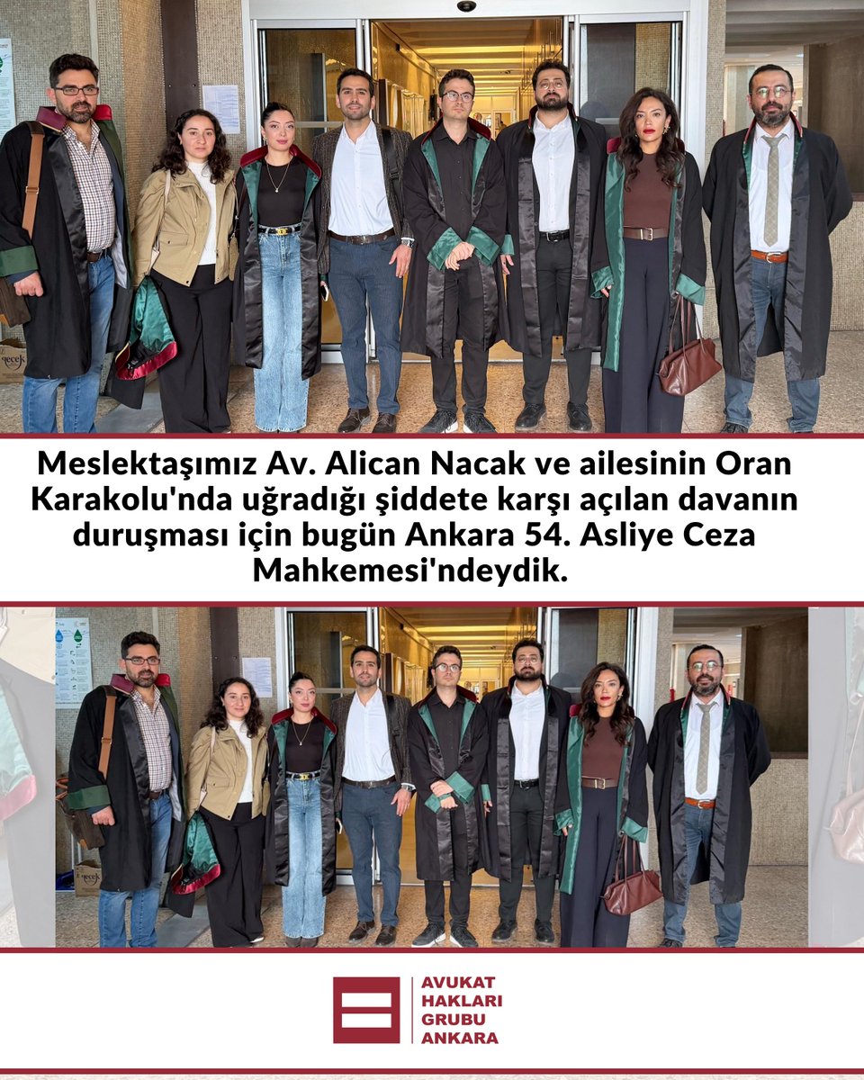 📍 Meslektaşımız Av. Alican Nacak ve ailesinin Oran Karakolu'nda uğradığı şiddete karşı açılan davanın duruşması için bugün Ankara 54. Asliye Ceza Mahkemesi'ndeydik. 
 
💪 Olayın ilk günü olduğu gibi meslektaşımızı yalnız bırakmadık. 
 
 ✍️ Tek bir meslektaşımız yalnız kalmayana