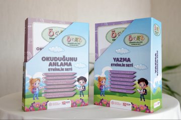 First image shows a large Turkish flag backdrop in a conference hall with rows of formally dressed men standing attentively on a blue stage area. Second image depicts a man in a suit speaking at a podium with a banner reading Ögrenme Güclüü Etkinlik Seti Tanim Toplantisi and the date 5 Ekim 2023 behind him, audience seated in front. Third image features a group of adults and children in formal attire holding musical instruments like flutes and clarinets, standing in front of a Turkish emblem on a wall. Fourth image displays two colorful boxed sets of educational materials labeled ÖGES for learning difficulty awareness series, with illustrated children and books on a table.