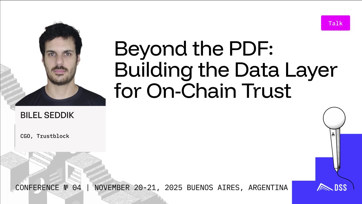 summit_defi's tweet photo. Web3 security still lives in static PDFs.

@0xBilel, CGO at @TrustblockHQ, will speak at DSS about building a live, verifiable trust layer by aggregating data from 60+ audit firms into a real-time oracle, turning security from a snapshot into a continuously updated state. https://t.co/Uqt5kFD11x