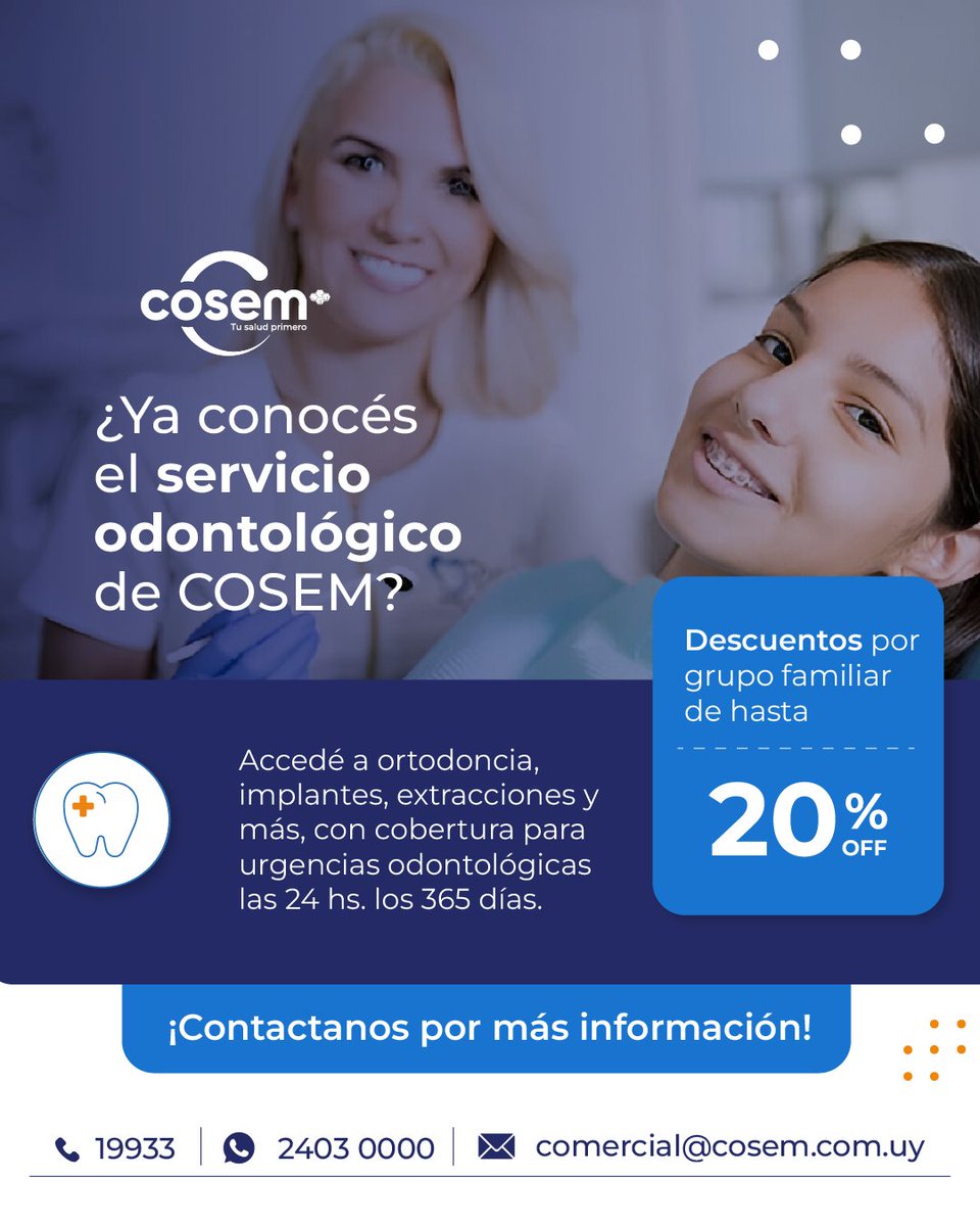 🦷 ¿Ya conocés el servicio odontológico de COSEM?

✔ Emergencias 24 hs, todos los días del año
✔ Atención inmediata en ortodoncia, implantes, extracciones

Contactanos por más información:
📞 19933 | WhatsApp: 2403 0000
📩 comercial@cosem.com.uy