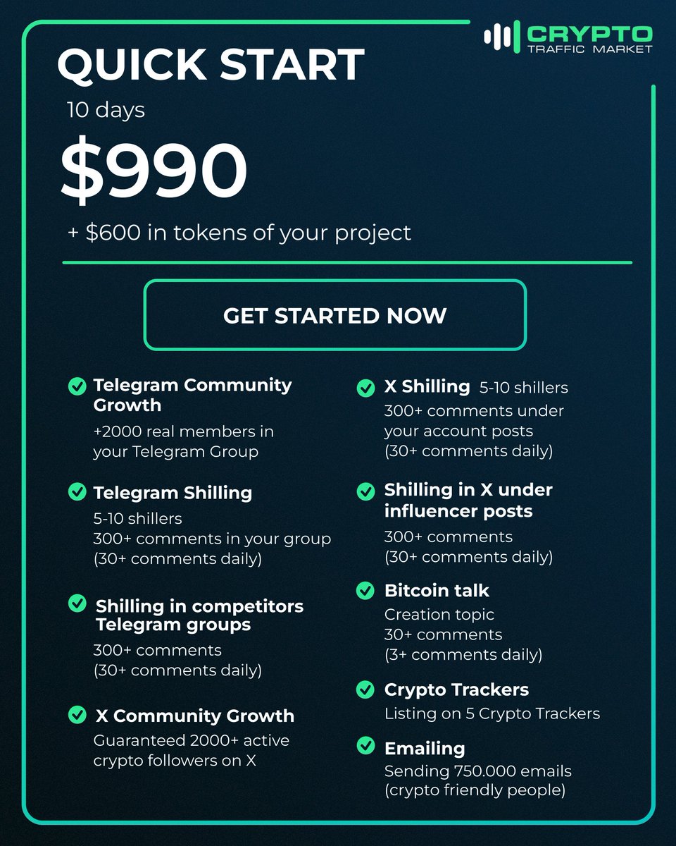 Looking to launch your crypto project or meme coin fast?
Our Quick Start Package is the perfect solution ⚡
Gain your first followers, attract a targeted audience, and create instant awareness around your project🔥
👉cryptotrafficmarket.com/#packages-block
Give your launch the boost it deserves