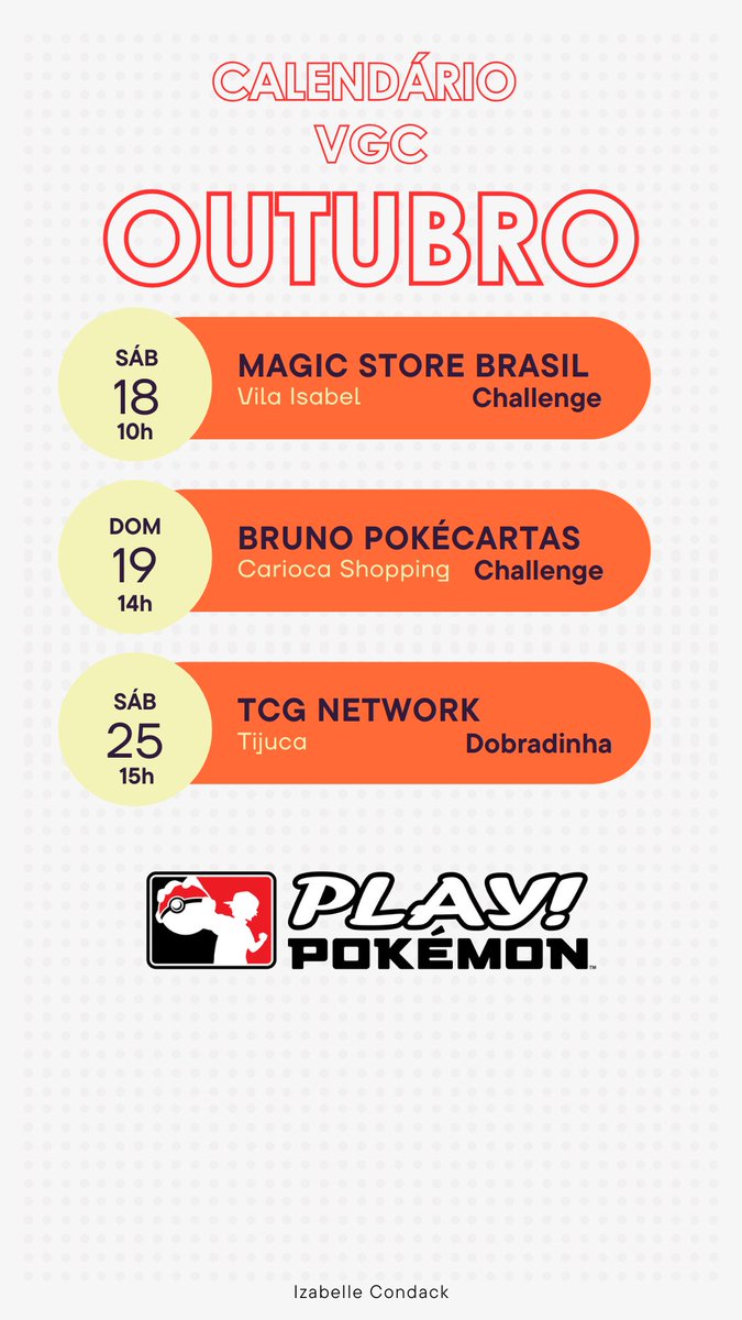 O calendário VGC Rio de Outubro está no ar!⚡

O mês promete muitas batalhas, novas estratégias e clima de competição! 🔥
Confere os eventos e garanta sua presença nos torneios do mês 👇
#Pokemon #VGC #RiodeJaneiro