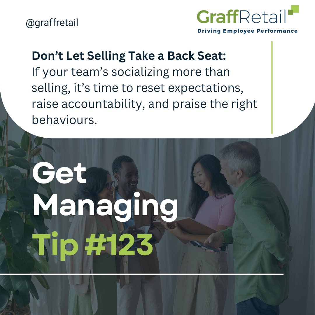 graffretail's tweet image. Selling taking a back seat to socializing? Time to reset expectations and refocus your team. Recognize the right behaviours and drive results.
Need help? Visit graffretail.com
 
#GetManagingTips #RetailLeadership #SalesFocus