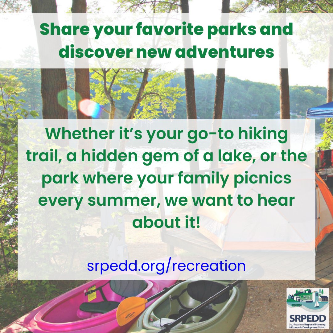 Love the outdoors? Join SRPEDD in creating an inventory of the regions outdoor recreation opportunities by taking a quick survey and letting us know all about your favorite parks.

Learn more, take the survey, and/or sign up for project updates here: srpedd.org/recreation