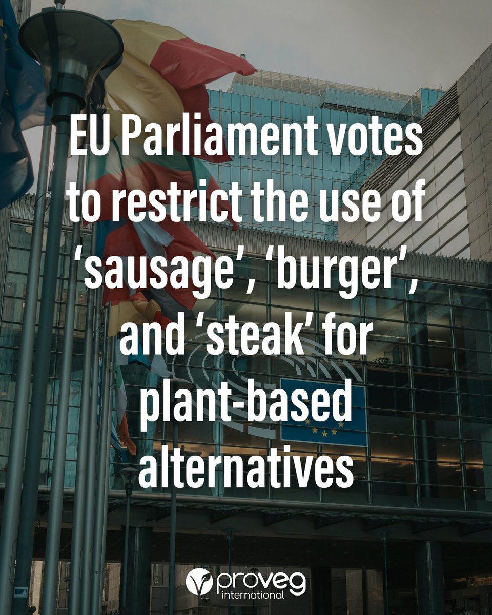 ProVeg_Int's tweet image. 🚨 EU Parliament votes in favour of restricting the use of ‘sausage’, ‘burger’, and ‘steak’ for #PlantBased alternatives. The final text still needs to be negotiated with the 27 member-states before it becomes law. More: proveg.org/press-release/…