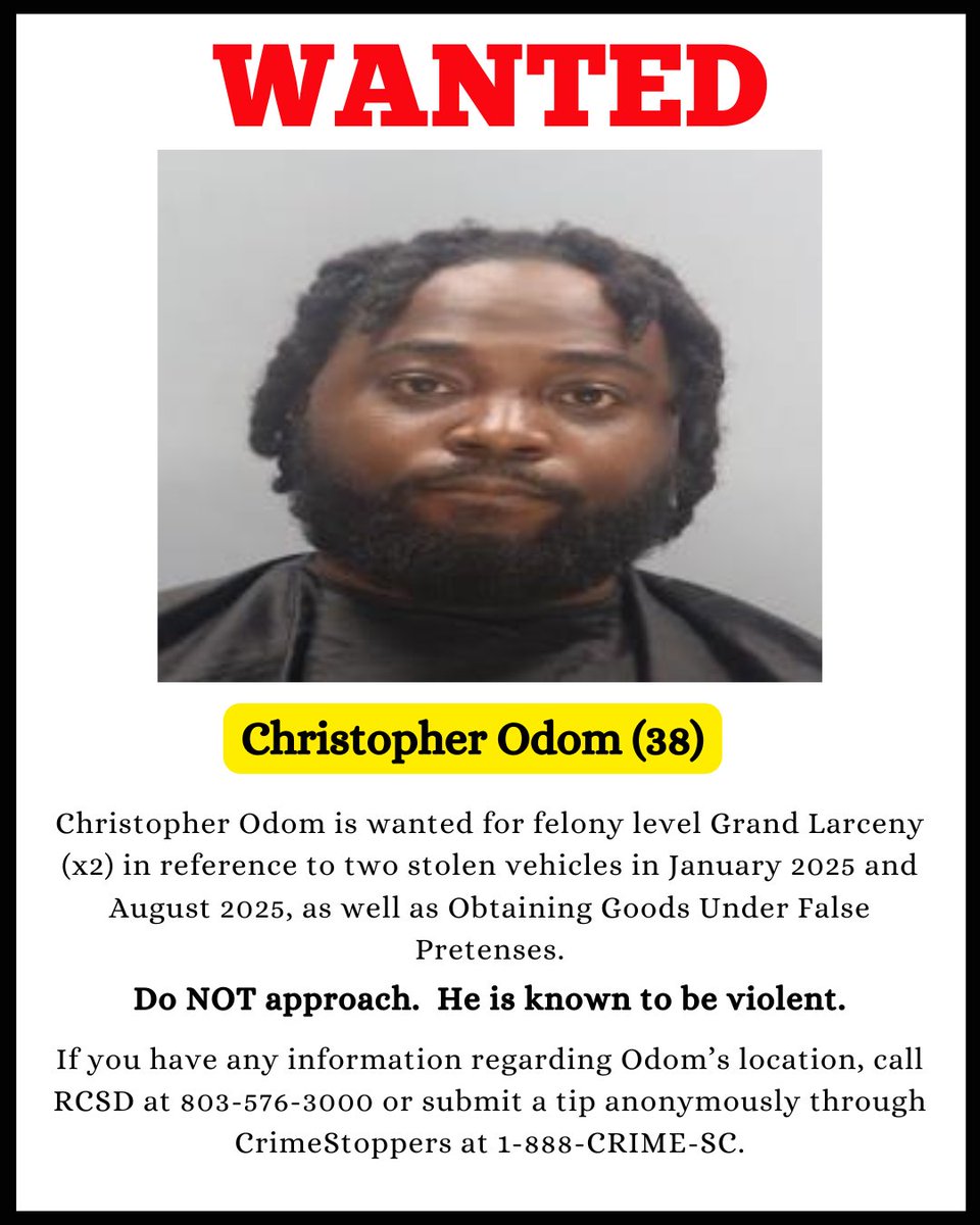 RCSD's tweet image. 🚨Wanted Wednesday🚨

RCSD would like the community&apos;s help in locating Christopher Odom.  Please do not approach him.  He is known to be violent.  

Call RCSD at 803-576-3000 or submit a tip anonymously through CrimeStoppers at 1-888-CRIME-SC.

#TeamRCSD #WantedWednesday