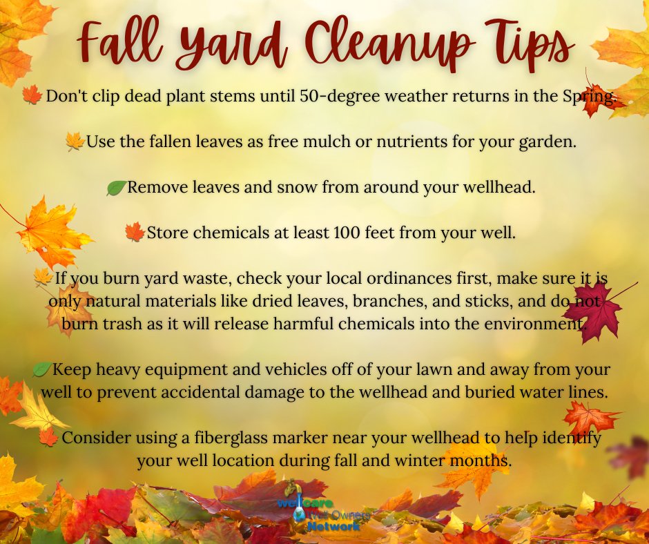 wellcareWON's tweet image. 🍁 Fall cleanup! 🍂
Did you know leaves and debris near your well can impact water quality? Keep your yard tidy and your well protected with these helpful tips! 👇
#fallleaves #falltips #waterwells #wellcare #wellcarehotline #wellcareWON #wellwater #wellcareWednesday